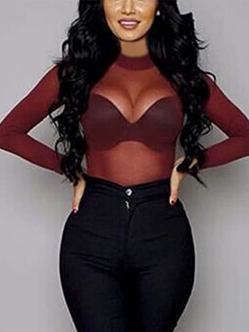 Sexy Women T Shirt See through Transparent Mesh Tops Long Sleeve Sheer Slim Ladies Turtleneck T-Shirt