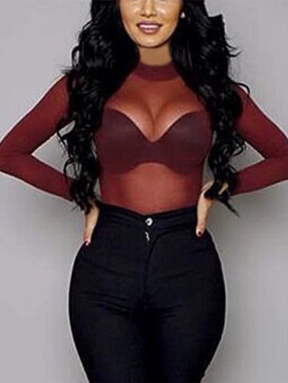 Sexy Women T Shirt See through Transparent Mesh Tops Long Sleeve Sheer Slim Ladies Turtleneck T-Shirt