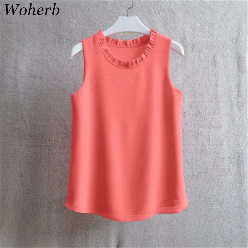 21 Colors Solid Ruffle Chiffon Blouse Women 2025 Summer Fashion Vest Blusas Casual Loose Sleeveless Ladies Tops Shirt