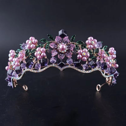 Luxury Baroque Purple Crystal Pearl Bridal Crown Tiara Magnificent Rhinestone Diadem for Bride Headband Wedding Hair Accessories