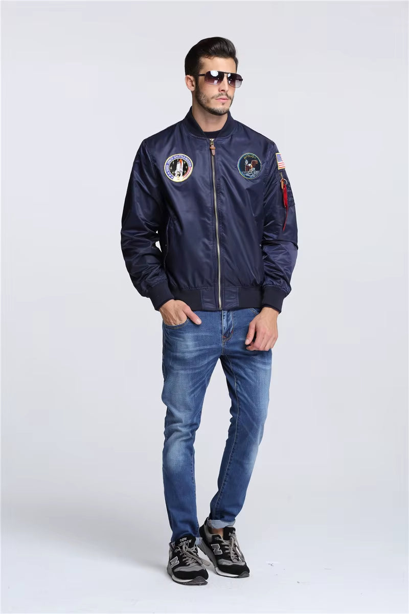 2025 New Autumn Apollo Thin 100Th SPACE SHUTTLE MISSION Thin MA1 Bomber Hiphop US Air Force Pilot Flight College Jacket for Men