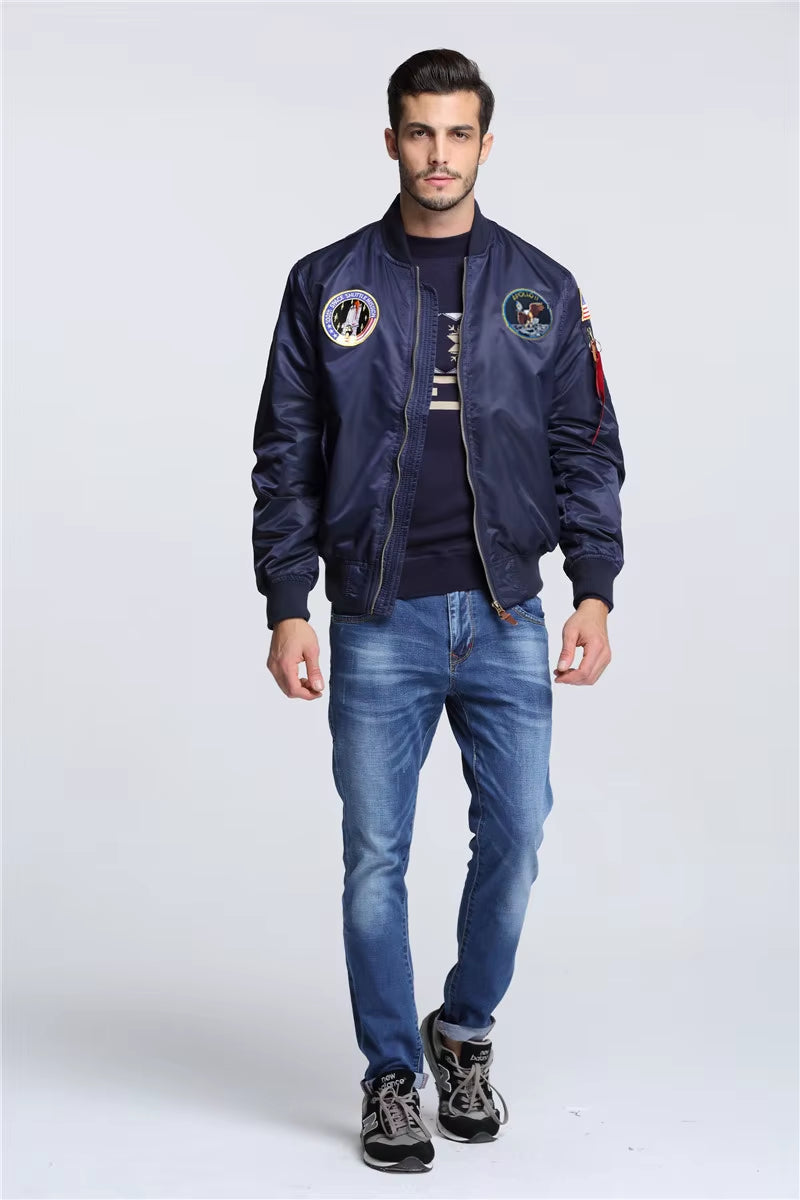 2025 New Autumn Apollo Thin 100Th SPACE SHUTTLE MISSION Thin MA1 Bomber Hiphop US Air Force Pilot Flight College Jacket for Men