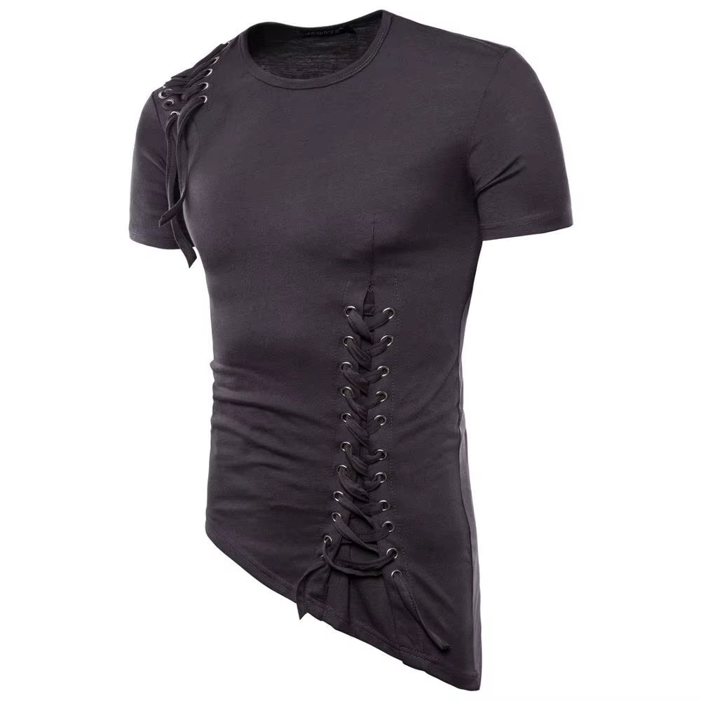 Men Irregular Design Hip Hop Punk T Shirt Tops Lacing Slim Fit Tee Shirts Men Gothic Style Tee Shirts Nightclub Stage Costume