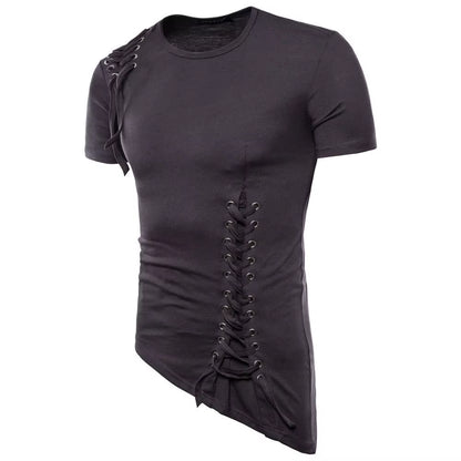 Men Irregular Design Hip Hop Punk T Shirt Tops Lacing Slim Fit Tee Shirts Men Gothic Style Tee Shirts Nightclub Stage Costume