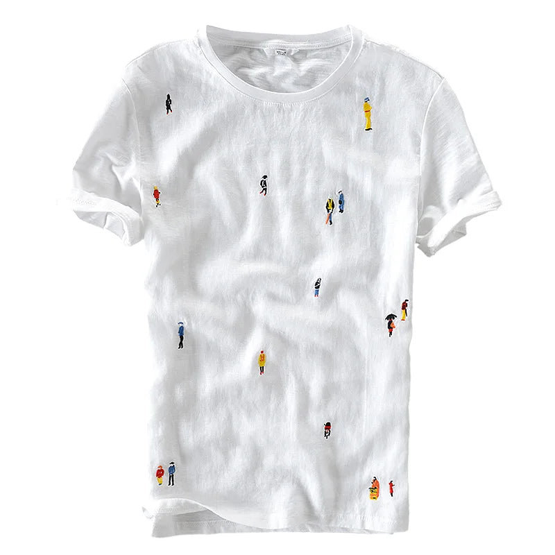 Designer Cartoon Embroidery Stitching Linen Short Sleeve T-Shirt Men Brand Casual round Neck White T Shirt for Men Camiseta