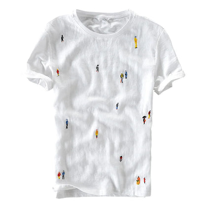 Designer Cartoon Embroidery Stitching Linen Short Sleeve T-Shirt Men Brand Casual round Neck White T Shirt for Men Camiseta