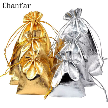 50Pcs/Lot 7X9 9X12 10X15Cm Adjustable Jewelry Packing Fabric Bag Gold Colors Drawstring Wedding Storage Pouches