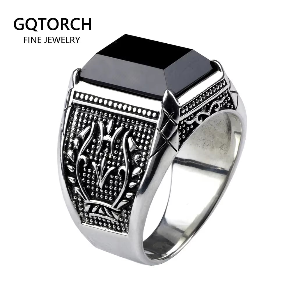 Real Pure 925 Sterling Silver Mens Signet Rings with Black Onyx Natural Stone Retro Flower Engraved Punk Rock Vintage Jewelry