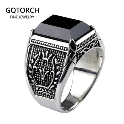 Real Pure 925 Sterling Silver Mens Signet Rings with Black Onyx Natural Stone Retro Flower Engraved Punk Rock Vintage Jewelry
