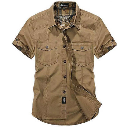 Fashion Cotton Casual Shirts Summer Men plus Size Loose Baggy Shirts Short Sleeve Turn-Down Collar Military Style Male Clothing
