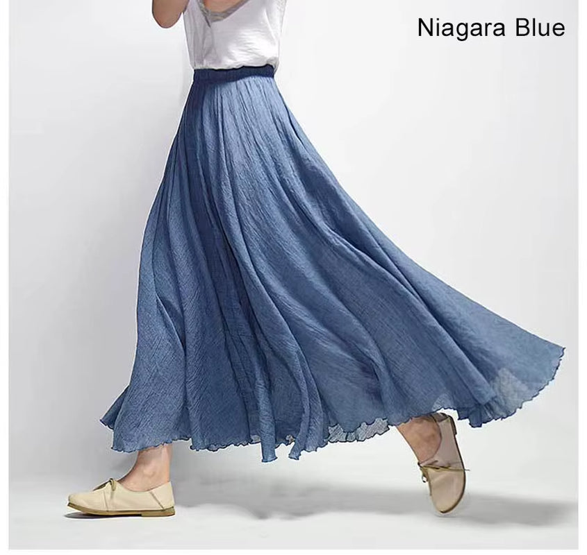 Women'S Elegant High Waist Linen Maxi Skirt 2023 Summer Ladies Casual Elastic Waist 2 Layers Skirts Saia Feminina 20 Colors SK53