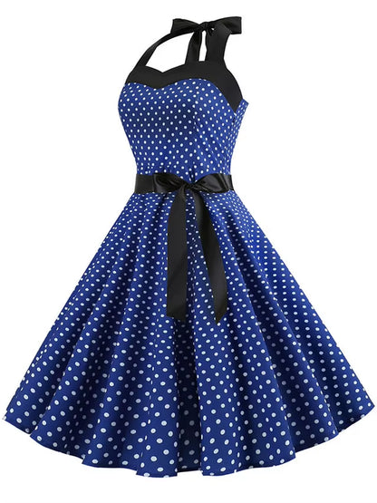Polka Dot Dress Women Vintage Swing Halter Belt 50S 60S Rockabilly Prom Party Dresses Retro Feminino Vestidos