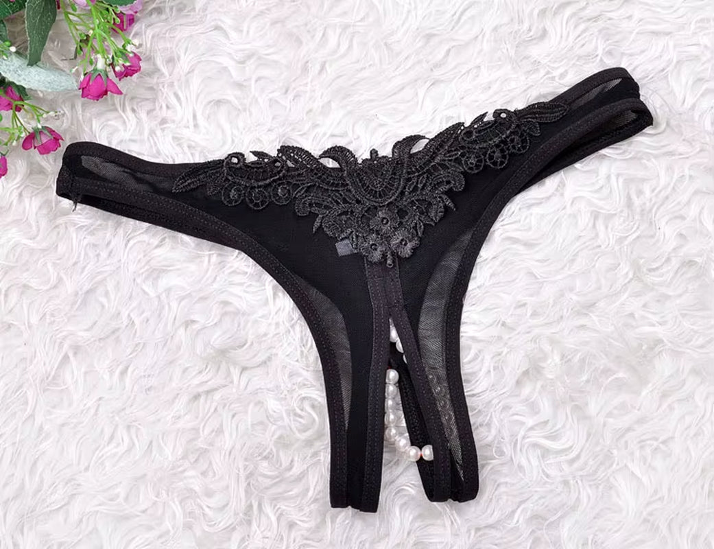 Women Low Waist Panties Lace G Strings Sexy Underwear Pearl Crotchless Briefs Female Lingerie Tanga