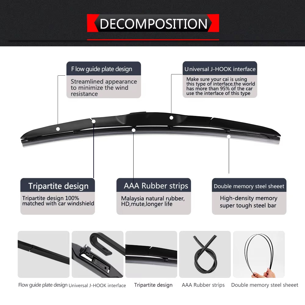 Car Wiper Blade Universal U Hook Type 14"16"17"18"19"20"21"22"24"26" Windscreen Windshield Rubber Hybrid Auto Wipers Accessories