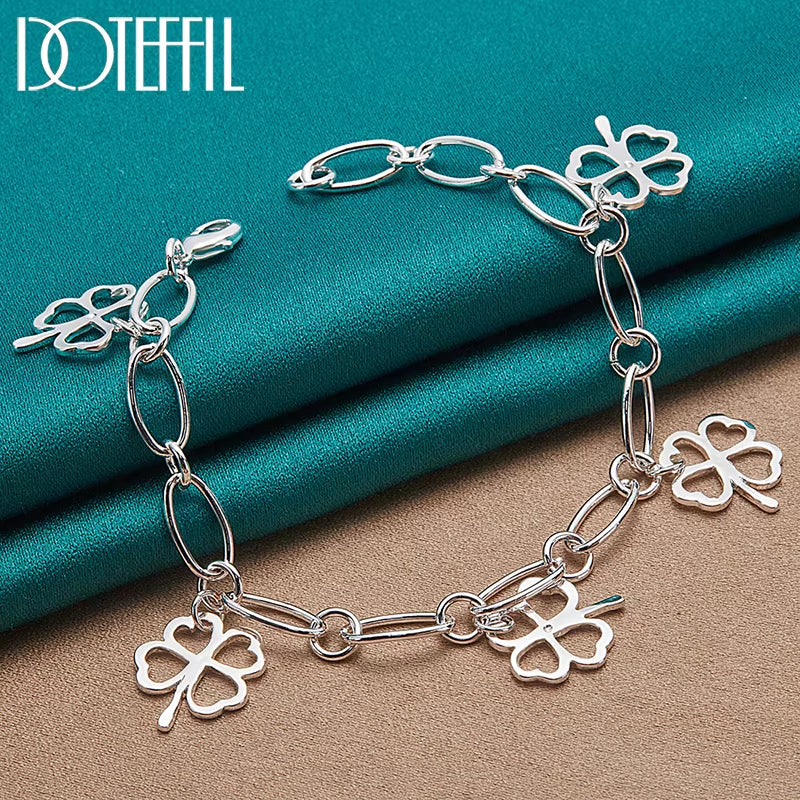 925 Sterling Silver Four-Leafed Clover Chian Necklace Bracelet Earring Set for Woman Wedding Engagement Fashion Jewelry