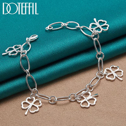 925 Sterling Silver Four-Leafed Clover Chian Necklace Bracelet Earring Set for Woman Wedding Engagement Fashion Jewelry
