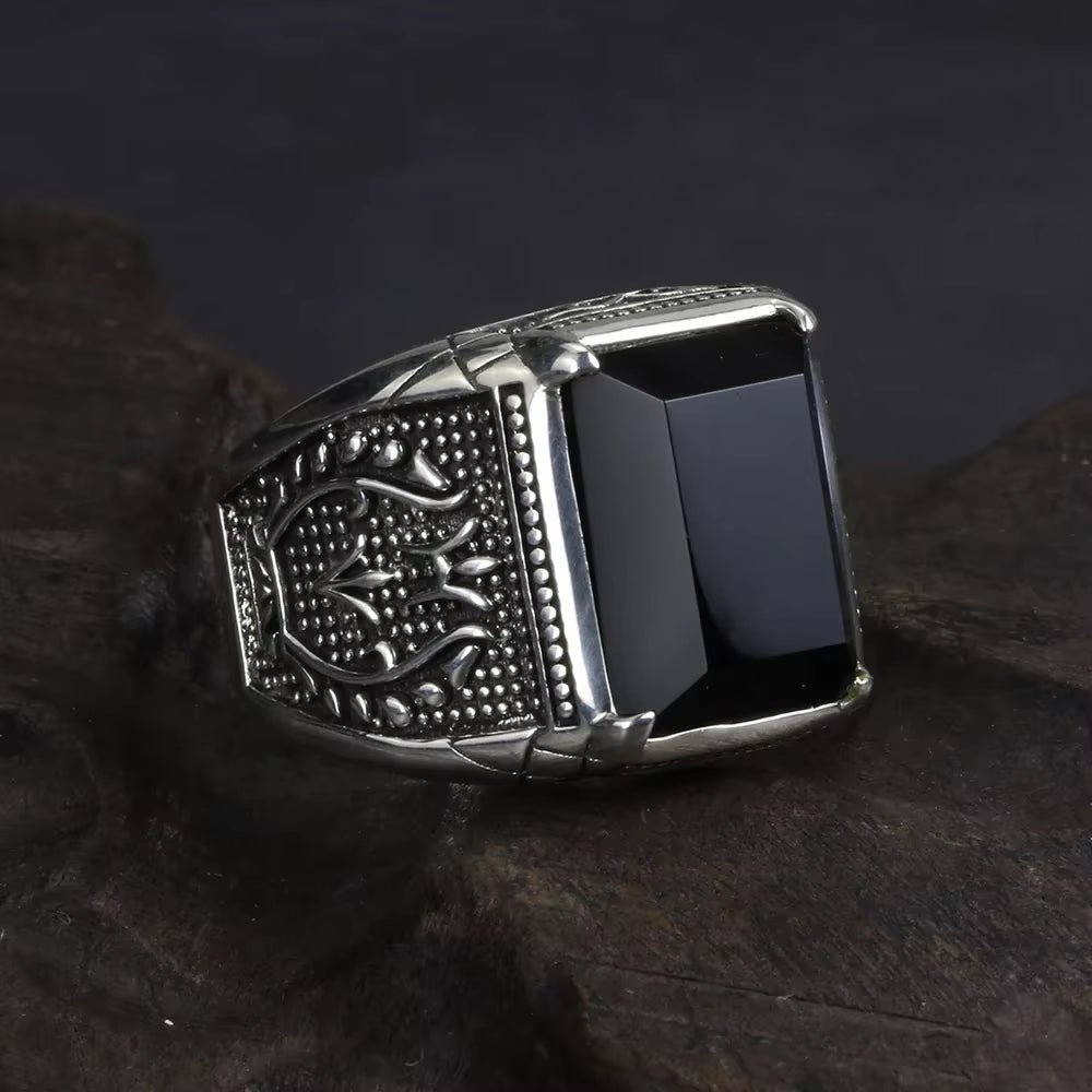 Real Pure 925 Sterling Silver Mens Signet Rings with Black Onyx Natural Stone Retro Flower Engraved Punk Rock Vintage Jewelry