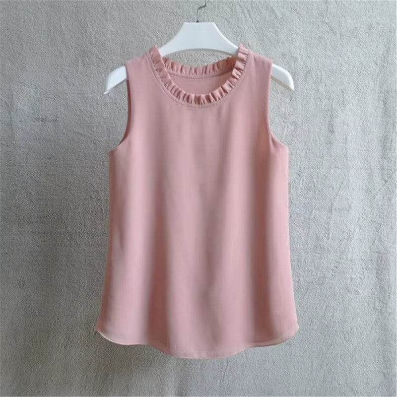 21 Colors Solid Ruffle Chiffon Blouse Women 2025 Summer Fashion Vest Blusas Casual Loose Sleeveless Ladies Tops Shirt
