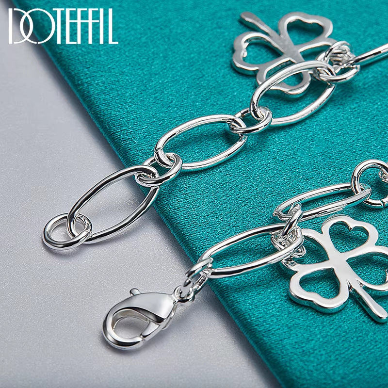 925 Sterling Silver Four-Leafed Clover Chian Necklace Bracelet Earring Set for Woman Wedding Engagement Fashion Jewelry