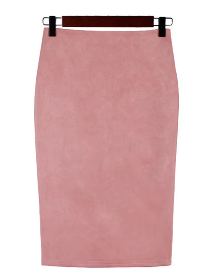 Sexy Multi Color Suede Midi Pencil Skirt Women 2024 Fashion Elastic High Waist Office Lady Bodycon Skirts Saias