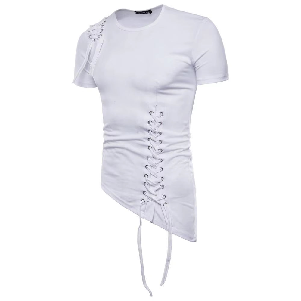 Men Irregular Design Hip Hop Punk T Shirt Tops Lacing Slim Fit Tee Shirts Men Gothic Style Tee Shirts Nightclub Stage Costume