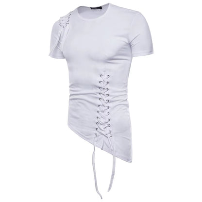 Men Irregular Design Hip Hop Punk T Shirt Tops Lacing Slim Fit Tee Shirts Men Gothic Style Tee Shirts Nightclub Stage Costume