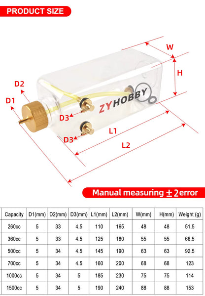 Model Airplane Fuel Tank RC Aircraft Gas/Petrol Nitro Transparent Tanks 260ML 360ML 500ML 700ML 1000ML 1500ML Fuel Bottles