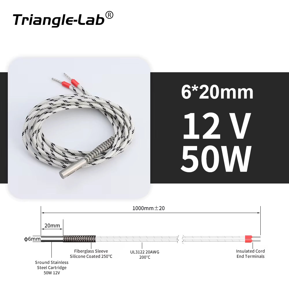 Trianglelab 3D Printer 6*20MM 12V/24V 40W Heater Cartridge with 100CM Cable for 3D Printer for PT100 HOTEND Volcano MK8 MK9