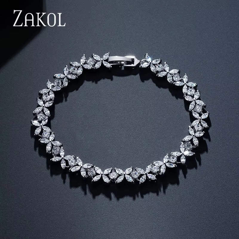 Classic White Marquise Cut Cubic Zircon Chain & Link Bracelets Bangles Flower Bridal Wedding Jewelry for Women BP094