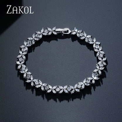 Classic White Marquise Cut Cubic Zircon Chain & Link Bracelets Bangles Flower Bridal Wedding Jewelry for Women BP094