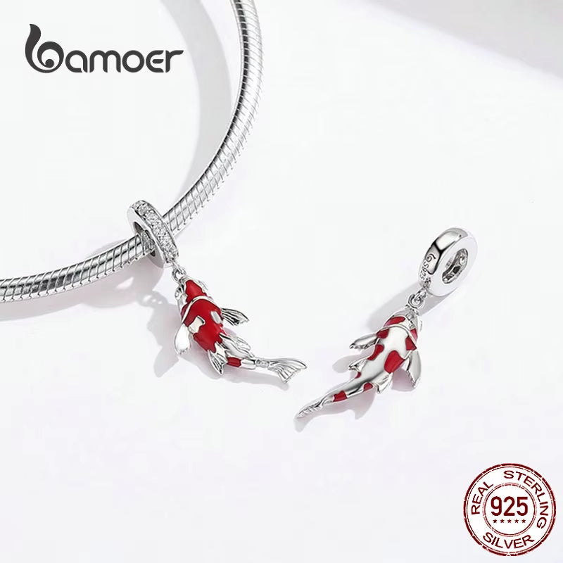 925 Sterling Silver Red Enamel Fish Pendant Lucky Koi Dangle Charm Originaal for Women Bracelet Necklace DIY Fine Jewelry