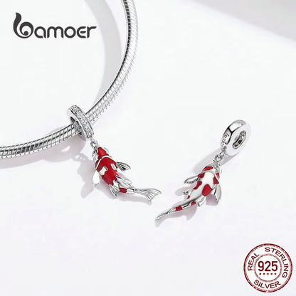 925 Sterling Silver Red Enamel Fish Pendant Lucky Koi Dangle Charm Originaal for Women Bracelet Necklace DIY Fine Jewelry