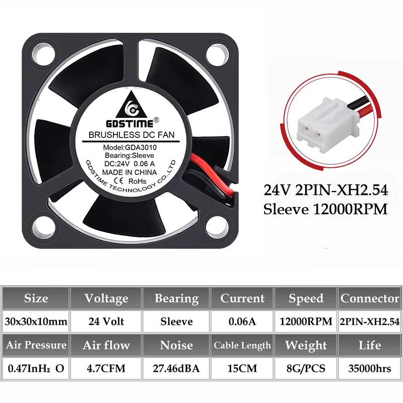 2PCS  Dual Ball Bearing DC 24V 12V 5V 3Cm 30Mm 30X30X10Mm 3010 Brushless Mini Cooler Cooling Fan