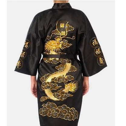 Navy Blue Chinese Men'S Satin Silk Robe Embroidery Kimono Bath Gown Dragon Size S M L XL XXL XXXL S0008