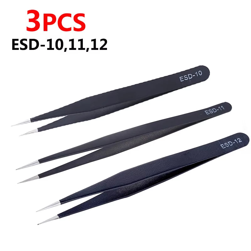 Anti-Static ESD Stainless Steel Tweezers Set Maintenance Tools Industrial Precision Curved Straight Tweezers Repair Tools Set