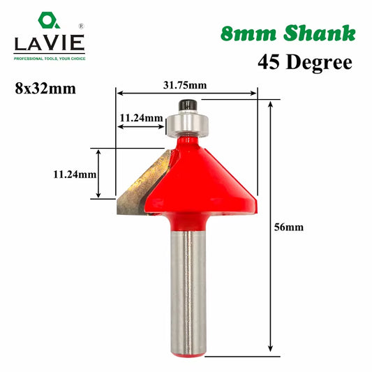 LAVIE 1Pc 8Mm Shank 45 Degree Chamfer Edge Forming Router Bit Bevel Flush Trim Bit Woodworking Milling Cutter Bits MC02021
