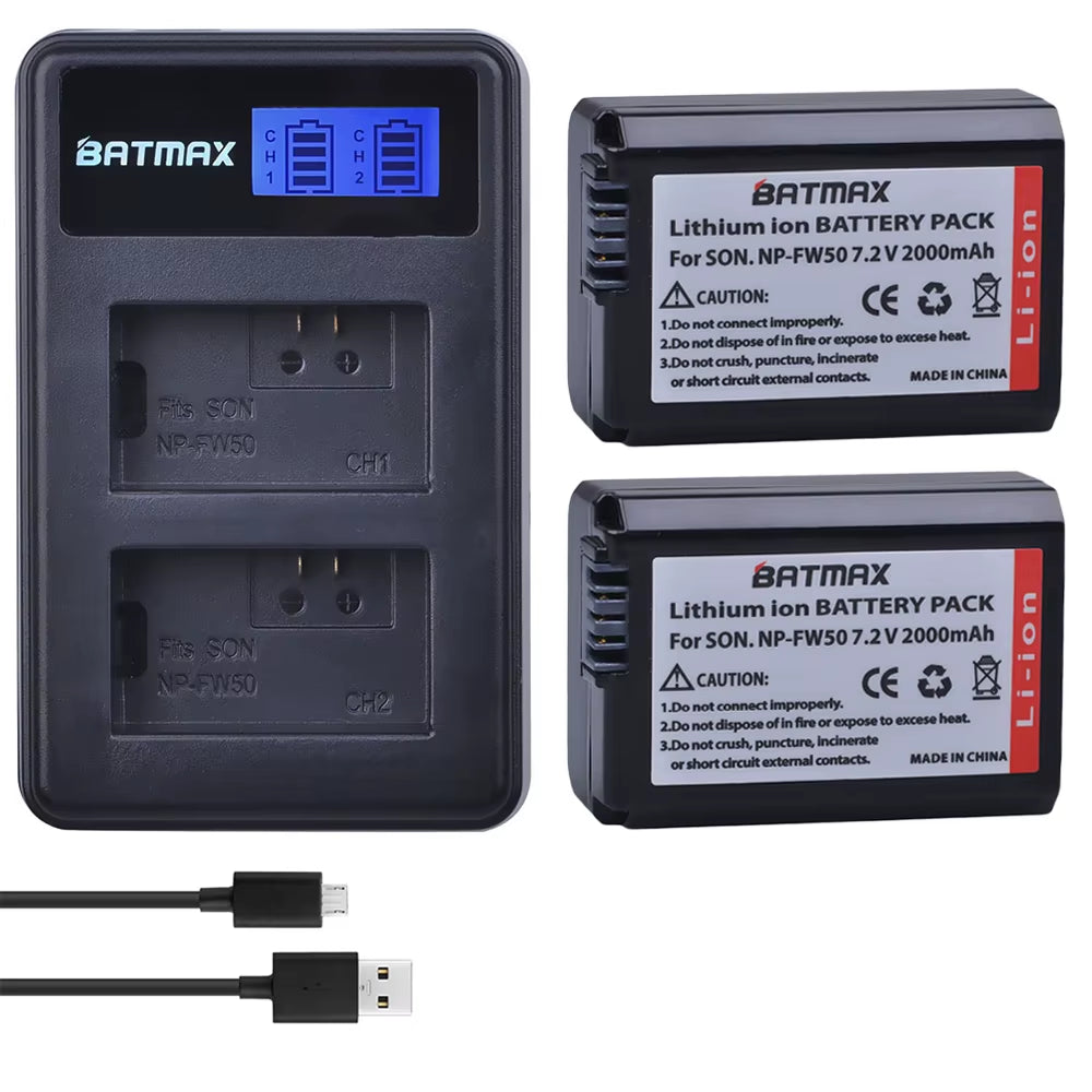 2000Mah NP-FW50 NP FW50 Camera Battery + LCD USB Dual Charger for Sony Alpha A6500 A6300 A6000 A5000 A3000 NEX-3 A7R Zv-E1