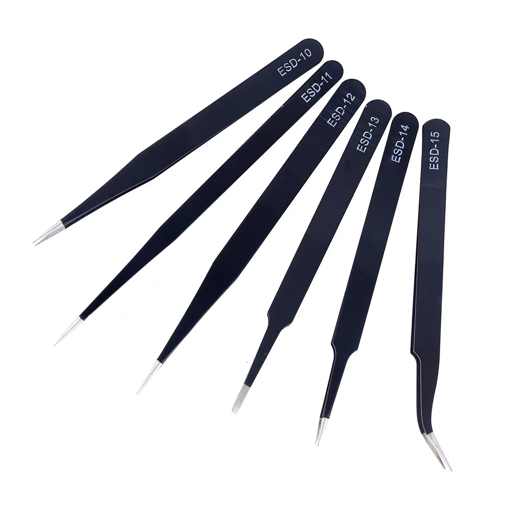 Anti-Static ESD Stainless Steel Tweezers Set Maintenance Tools Industrial Precision Curved Straight Tweezers Repair Tools Set