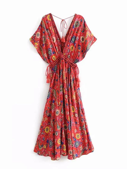 Vintage Chic Women Peacock Floral Print Bat Sleeve Beach Bohemian Maxi Dresses Robe Ladies V-Neck Tassel Summer Boho Dress