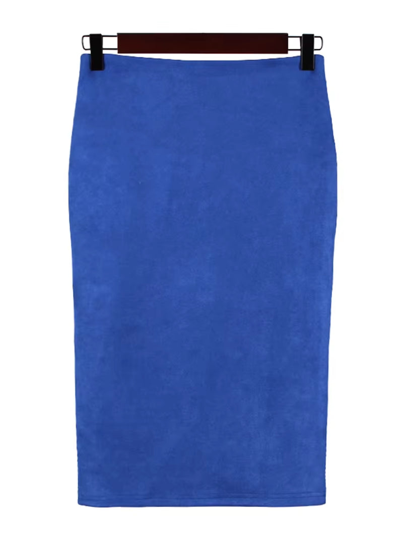 Sexy Multi Color Suede Midi Pencil Skirt Women 2024 Fashion Elastic High Waist Office Lady Bodycon Skirts Saias