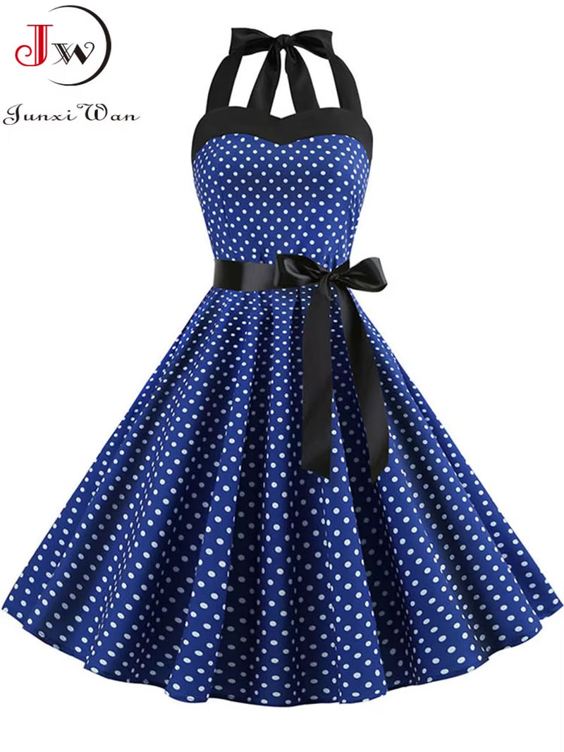 Polka Dot Dress Women Vintage Swing Halter Belt 50S 60S Rockabilly Prom Party Dresses Retro Feminino Vestidos