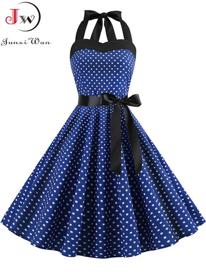 Polka Dot Dress Women Vintage Swing Halter Belt 50S 60S Rockabilly Prom Party Dresses Retro Feminino Vestidos