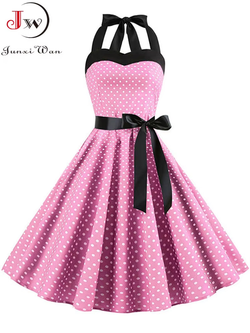 Polka Dot Dress Women Vintage Swing Halter Belt 50S 60S Rockabilly Prom Party Dresses Retro Feminino Vestidos