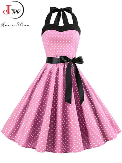 Polka Dot Dress Women Vintage Swing Halter Belt 50S 60S Rockabilly Prom Party Dresses Retro Feminino Vestidos
