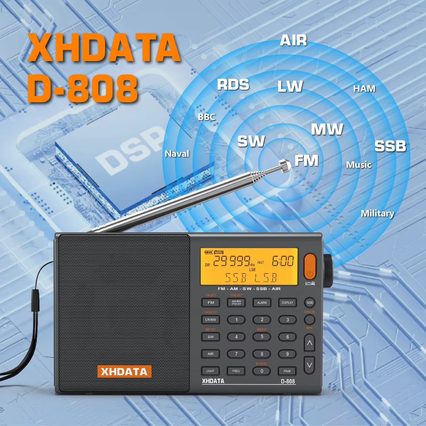D-808 AM/FM/SW/MW SSB AIR RDS Full Band Portable Radio with Multifunction Deep Sound Stereo Rechargeable Radio Receiver