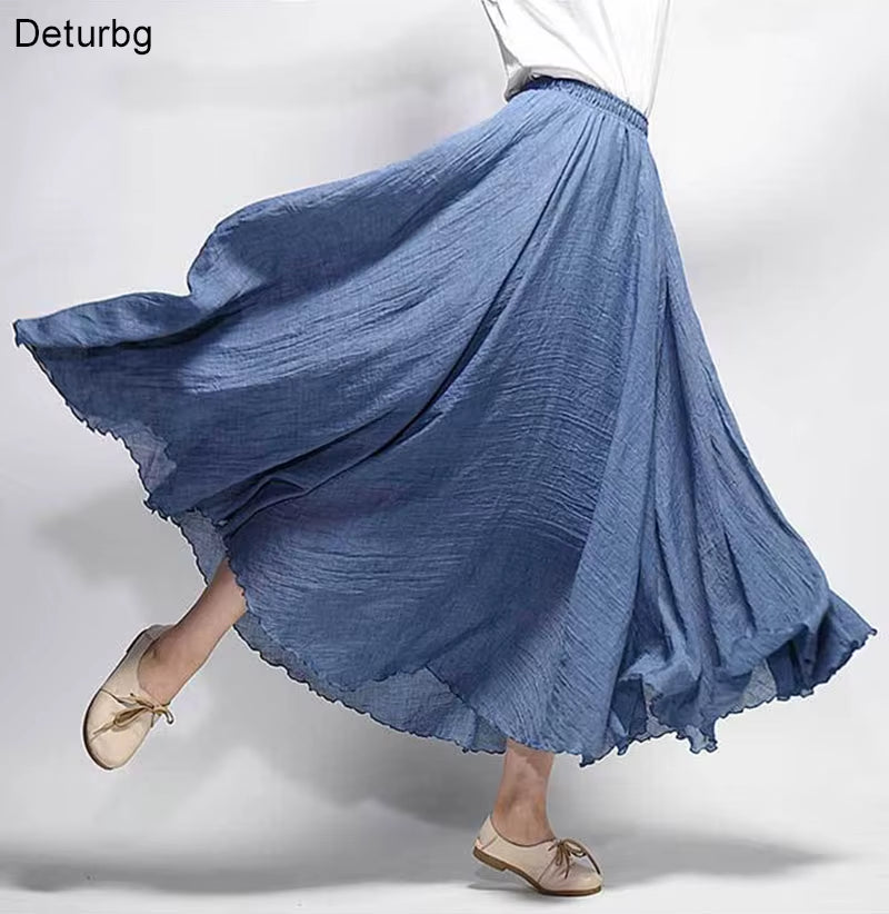 Women'S Elegant High Waist Linen Maxi Skirt 2023 Summer Ladies Casual Elastic Waist 2 Layers Skirts Saia Feminina 20 Colors SK53