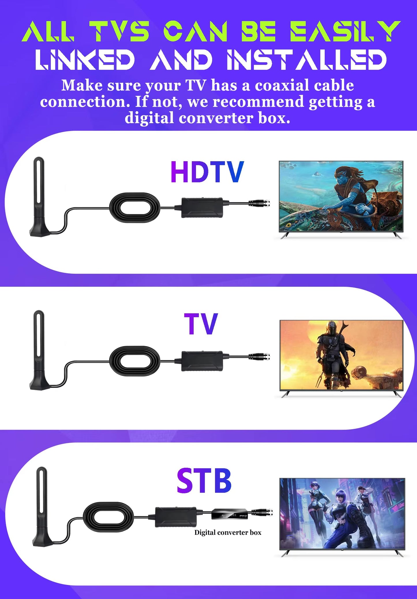 Tv Antenna with Amplifier 4K 1080P Indoor Digital Hd Upgraded Full 360° Signal Reception Digital Antenna Free Channel Tv Antenna