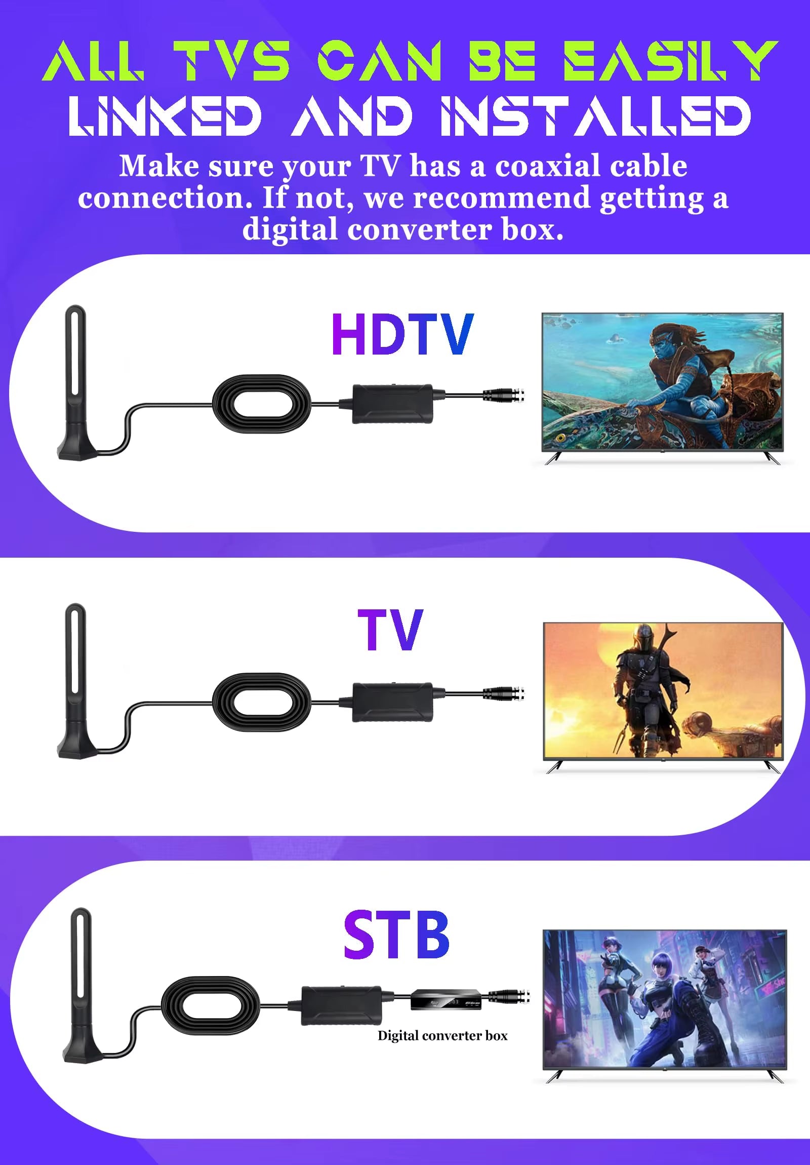 Tv Antenna with Amplifier 4K 1080P Indoor Digital Hd Upgraded Full 360° Signal Reception Digital Antenna Free Channel Tv Antenna
