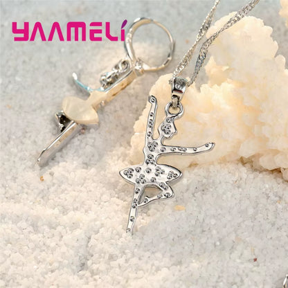 925 Sterling Silver Ballet Girls Pendants Necklaces Earrings Set for Girls Party Accessory Fashion Women Jewelry Sets