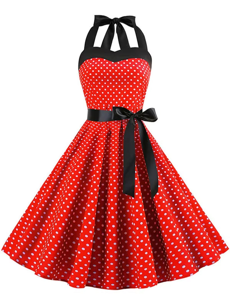 Polka Dot Dress Women Vintage Swing Halter Belt 50S 60S Rockabilly Prom Party Dresses Retro Feminino Vestidos